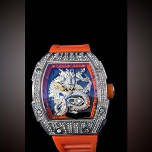 Men’s Dragon Skeleton Dial Watch – Iced Bezel – Orange Silicone Strap NEW